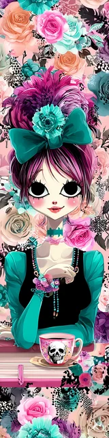 Free teacher bookmark featuring a teacher with pink coffee on a table